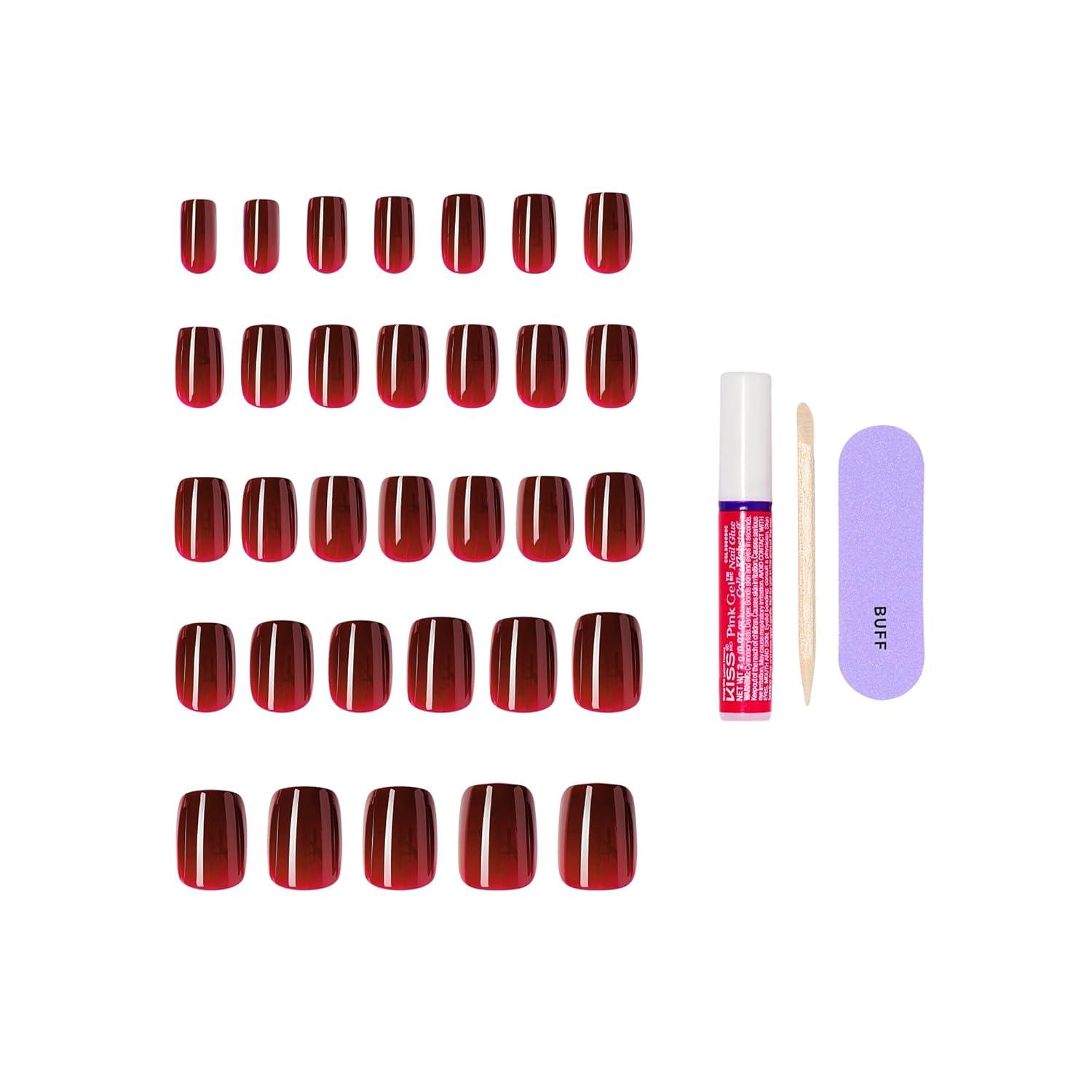 imageKISS CORE Press On Nails Nail glue included Sprightly Red Short Size Squoval Shape Includes 32 Nails 2g Glue 1 Manicure Stick 1 Mini File