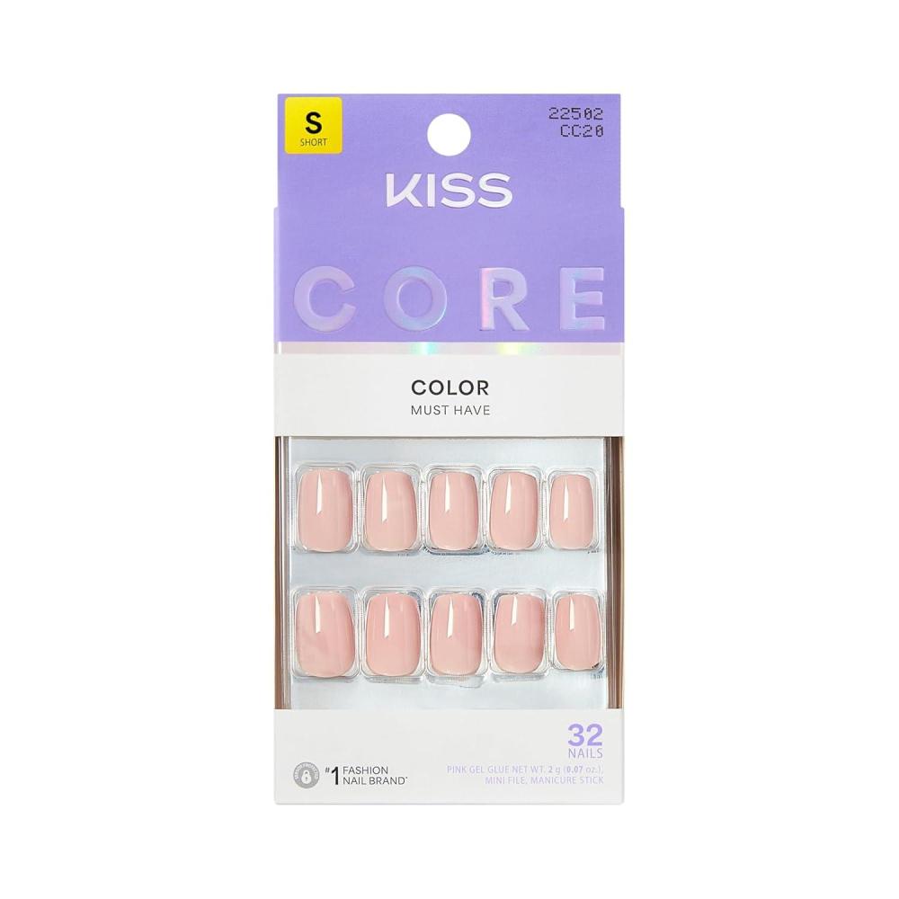 imageKISS CORE Press On Nails Nail glue included Aesthetic Pink Short Size Squoval Shape Includes 32 Nails 2g Glue 1 Manicure Stick 1 Mini File