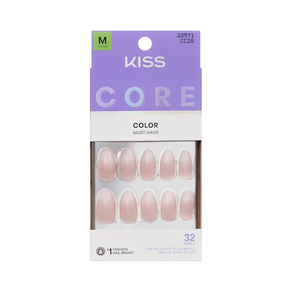 imageKISS CORE Press On Nails Nail glue included Dulcet Pink Medium Size Almond Shape Includes 32 Nails 2g Glue 1 Manicure Stick 1 Mini File