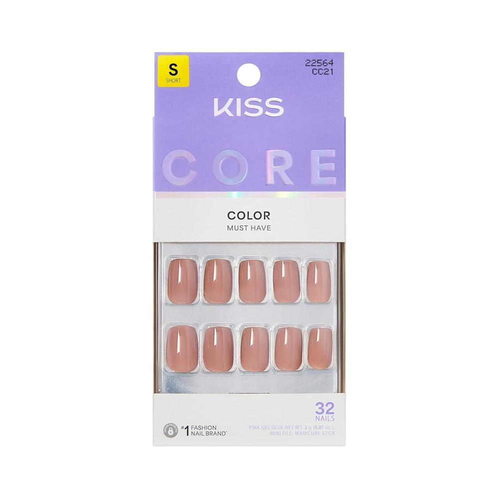 imageKISS CORE Press On Nails Nail glue included Embullience Beige Short Size Squoval Shape Includes 32 Nails 2g Glue 1 Manicure Stick 1 Mini File