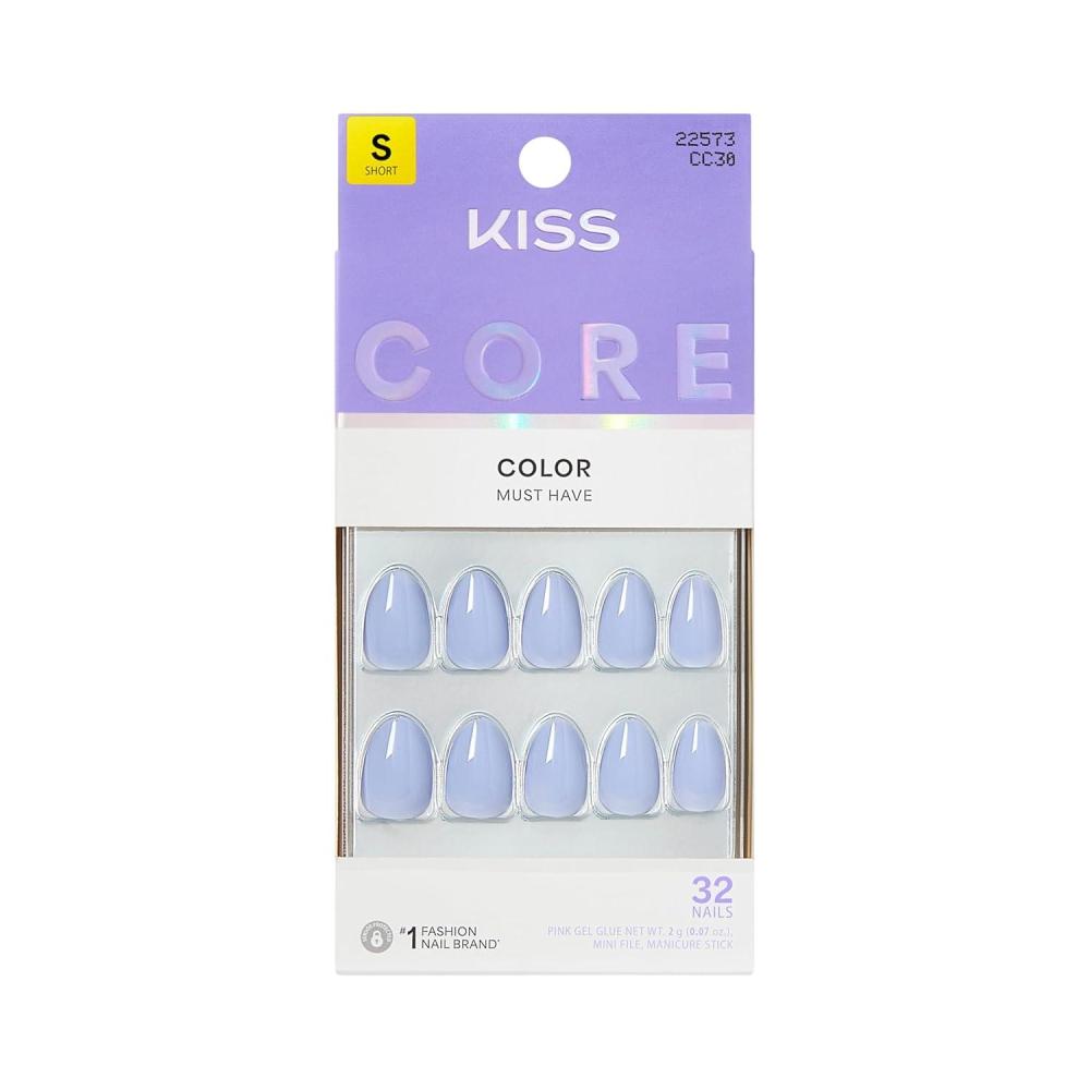 imageKISS CORE Press On Nails Nail glue included Flee Blue Short Size Almond Shape Includes 32 Nails 2g Glue 1 Manicure Stick 1 Mini File