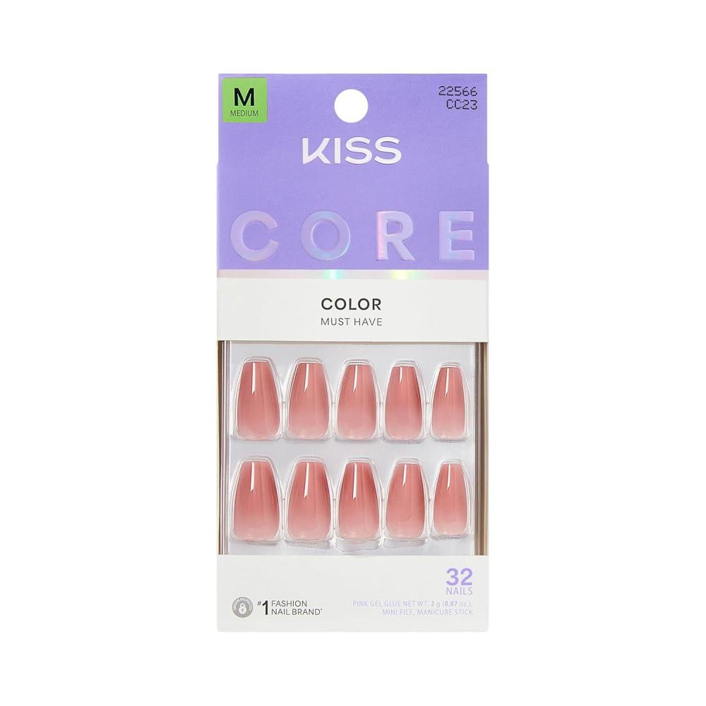 imageKISS CORE Press On Nails Nail glue included Jubilation Pink Medium Size Coffin Shape Includes 32 Nails 2g Glue 1 Manicure Stick 1 Mini File