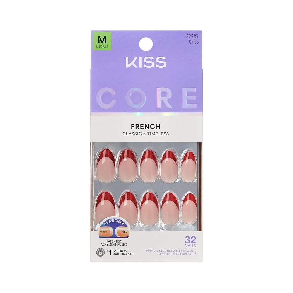 imageKISS CORE Press On Nails Nail glue included Optimistic Red Medium Size Almond Shape Includes 32 Nails 2g Glue 1 Manicure Stick 1 Mini File