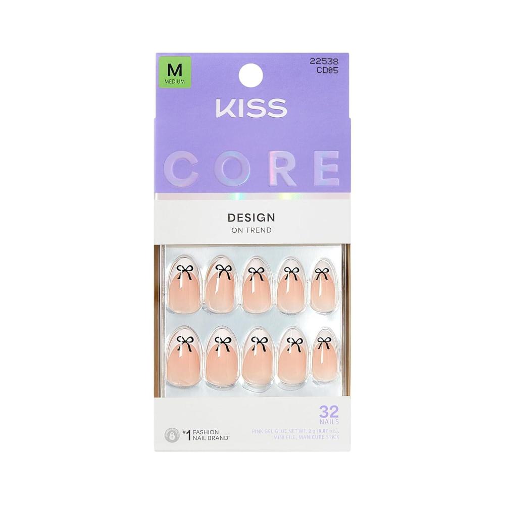 imageKISS CORE Press On Nails Nail glue included Our Moment Beige Medium Size Almond Shape Includes 32 Nails 2g Glue 1 Manicure Stick 1 Mini File