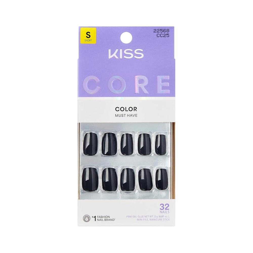 imageKISS CORE Press On Nails Nail glue included Photogenic Black Short Size Squoval Shape Includes 32 Nails 2g Glue 1 Manicure Stick 1 Mini File