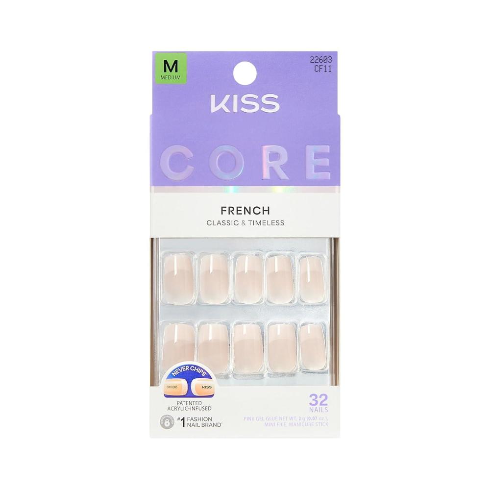 imageKISS CORE Press On Nails Nail glue included Scenario Pink Medium Size Squoval Shape Includes 32 Nails 2g Glue 1 Manicure Stick 1 Mini File