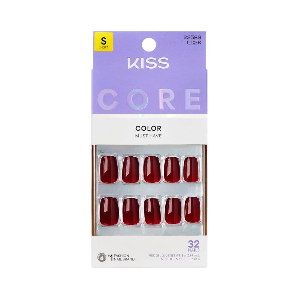 imageKISS CORE Press On Nails Nail glue included Sprightly Red Short Size Squoval Shape Includes 32 Nails 2g Glue 1 Manicure Stick 1 Mini File