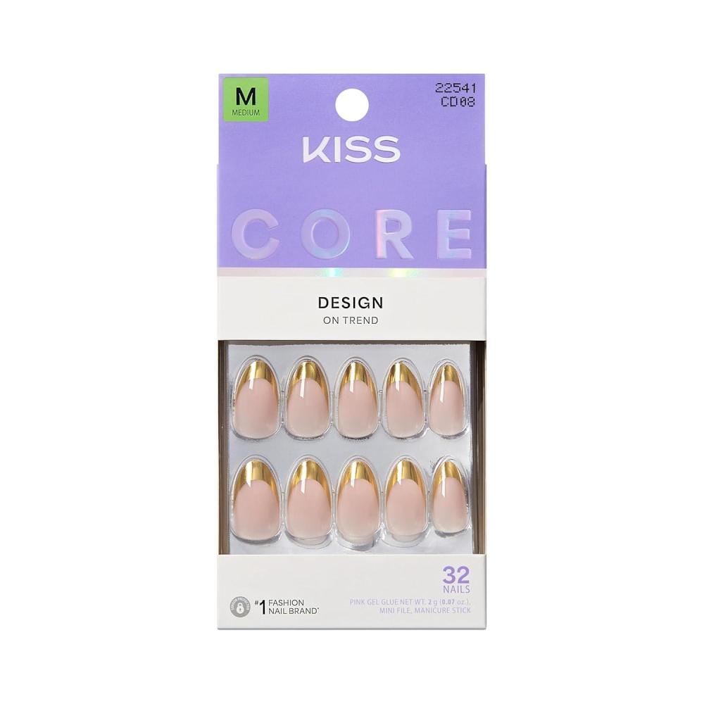 imageKISS CORE Press On Nails Nail glue included Together Beige Medium Size Almond Shape Includes 32 Nails 2g Glue 1 Manicure Stick 1 Mini File