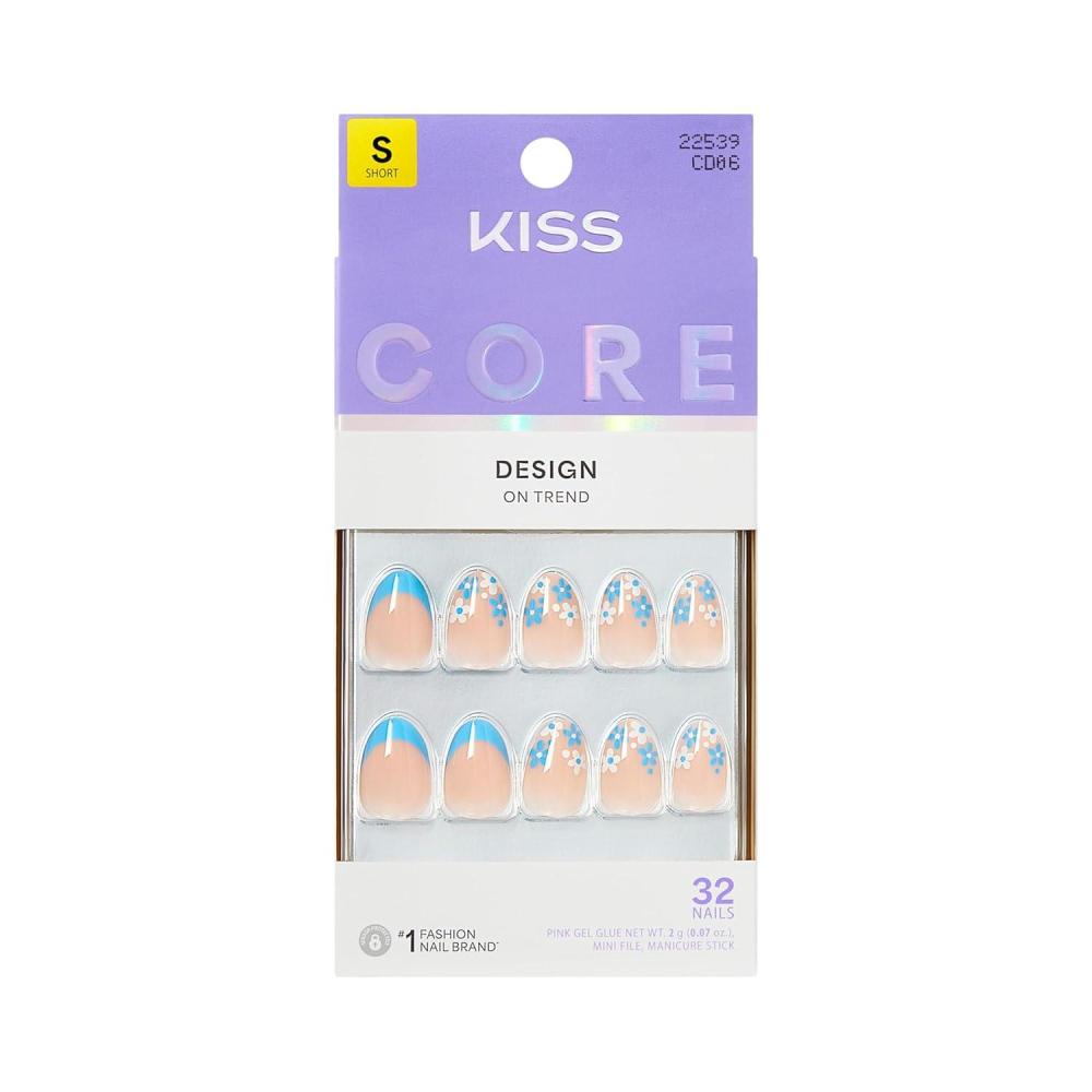 imageKISS CORE Press On Nails Nail glue included Tune Blue Short Size Almond Shape Includes 32 Nails 2g Glue 1 Manicure Stick 1 Mini File
