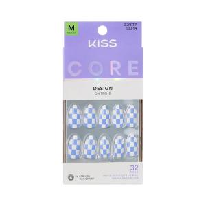 KISS CORE, Press On Nails, Nail glue included, ‘Credit’, Blue, Medium Size, Almond Shape, Includes 32 Nails, 2g Glue, 1 Manicure Stick, 1 Mini File