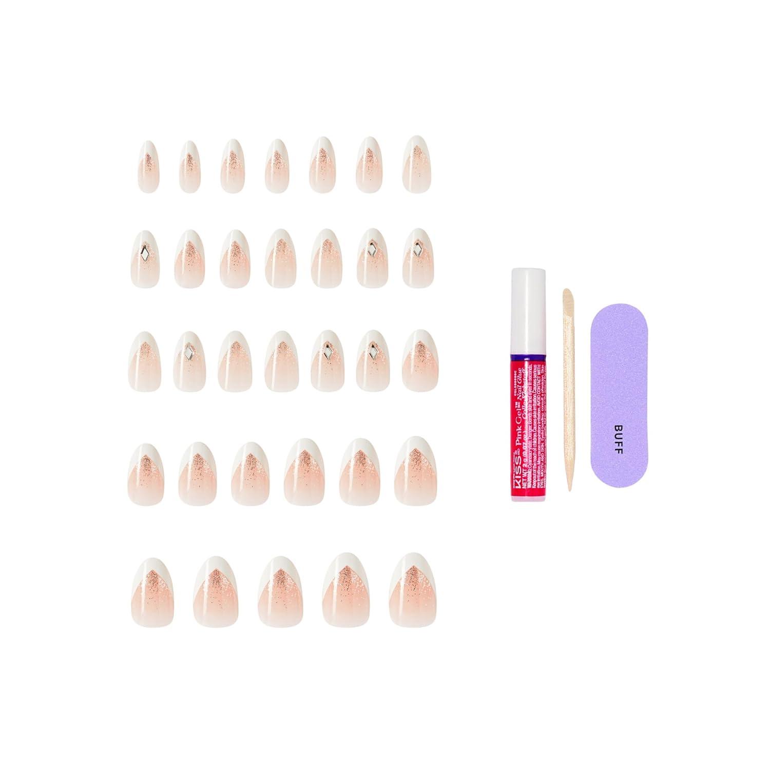 imageKISS GLAM Press On Nails Nail glue included Applause White Medium Size Almond Shape Includes 32 Nails 2g Glue 1 Manicure Stick 1 Mini File