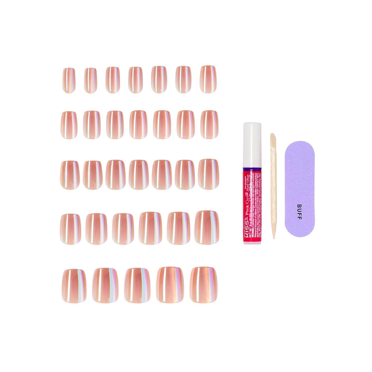 imageKISS GLAM Press On Nails Nail glue included Golden Hour Affairs Pink Short Size Squoval Shape Includes 32 Nails 2g Glue 1 Manicure Stick 1 Mini File