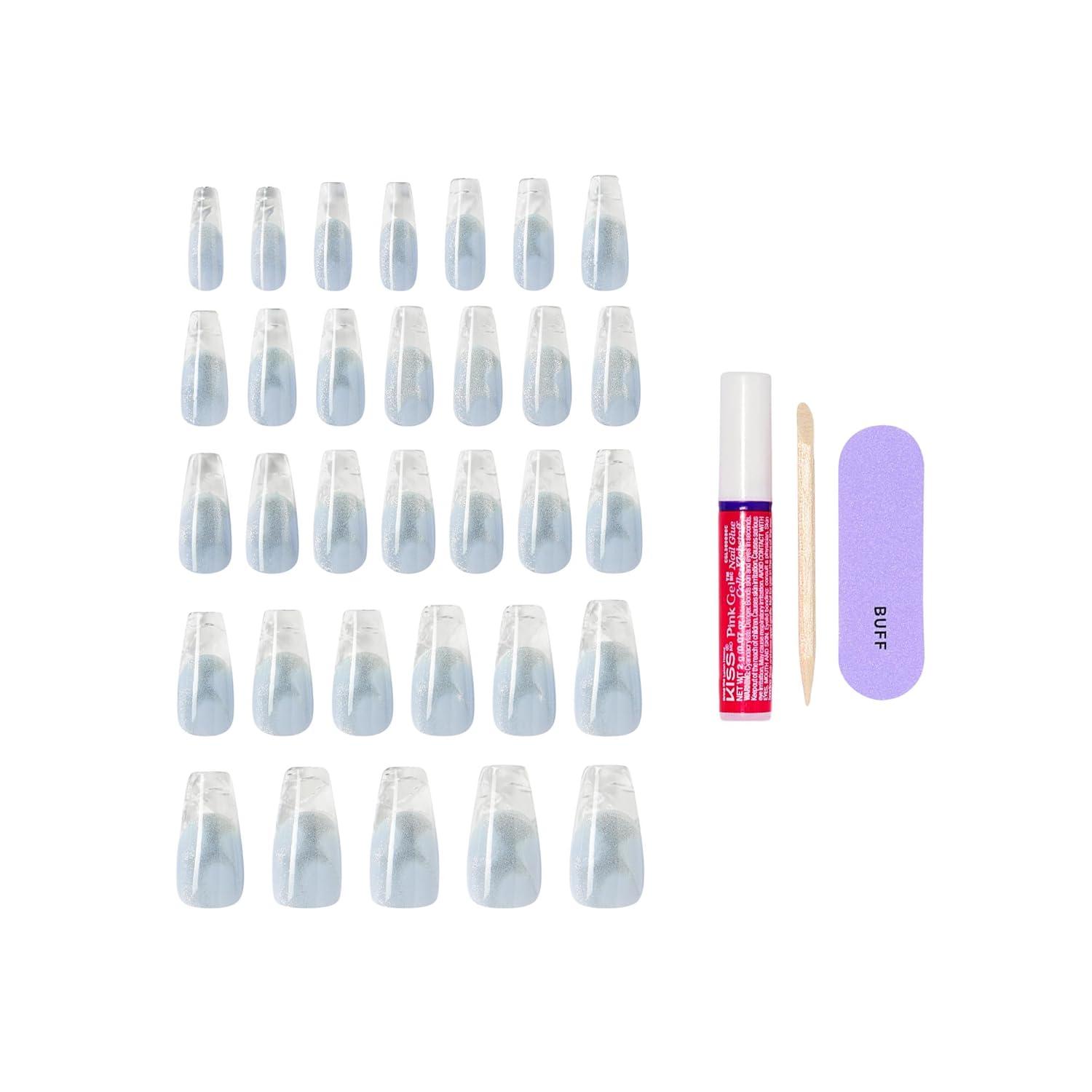 imageKISS GLAM Press On Nails Nail glue included Seraphic Blue Long Size Coffin Shape Includes 32 Nails 2g Glue 1 Manicure Stick 1 Mini File