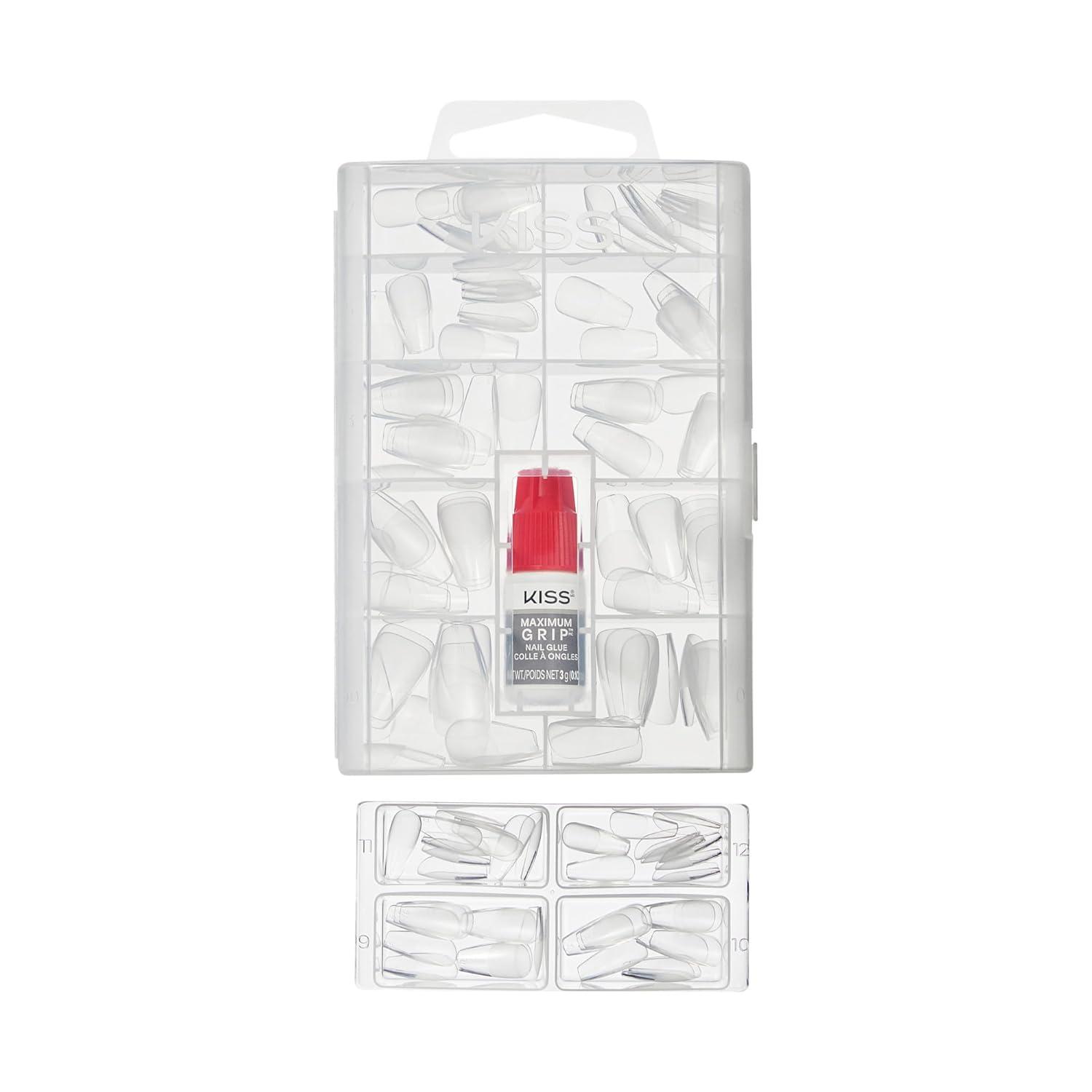 imageKISS PROFESSIONAL Press On Nails Nail glue included Luminous Clear Medium Size Coffin Shape Includes 140 Nails 3g Glue