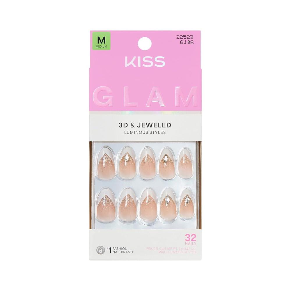 imageKISS GLAM Press On Nails Nail glue included Applause White Medium Size Almond Shape Includes 32 Nails 2g Glue 1 Manicure Stick 1 Mini File