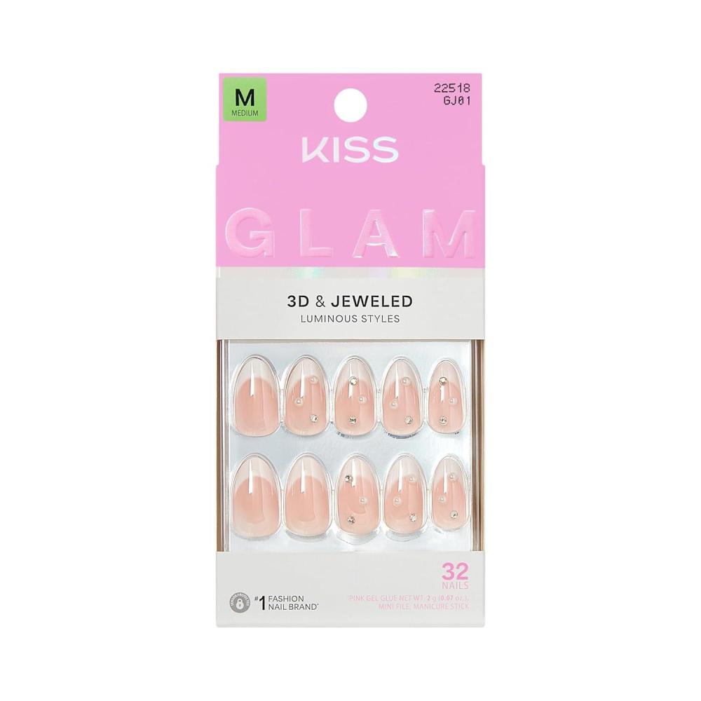 imageKISS GLAM Press On Nails Nail glue included Serendipity Awaits White Medium Size Almond Shape Includes 32 Nails 2g Glue 1 Manicure Stick 1 Mini File