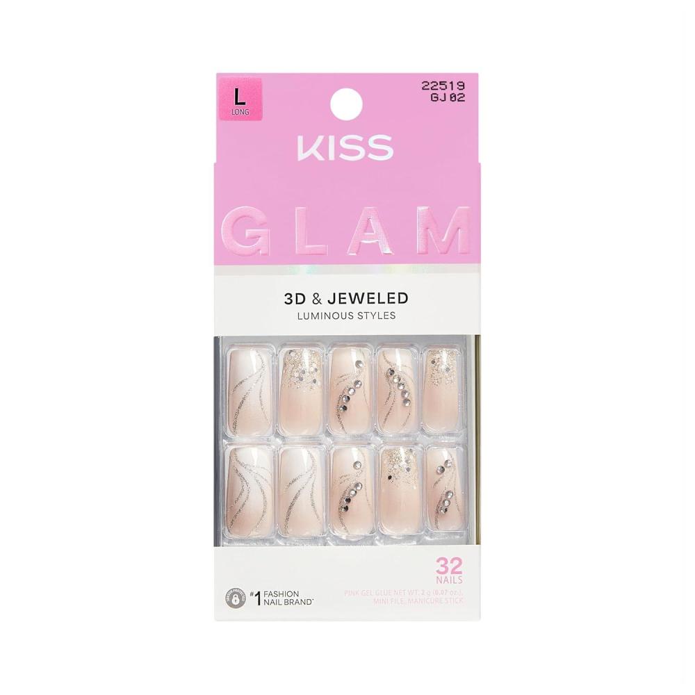 imageKISS GLAM Press On Nails Nail glue included Wrapped in Beauty White Long Size Square Shape Includes 32 Nails 2g Glue 1 Manicure Stick 1 Mini File