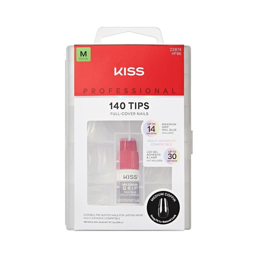 imageKISS PROFESSIONAL Press On Nails Nail glue included Luminous Clear Medium Size Coffin Shape Includes 140 Nails 3g Glue