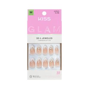 KISS GLAM, Press On Nails, Nail glue included, ‘Applause’, White, Medium Size, Almond Shape, Includes 32 Nails, 2g Glue, 1 Manicure Stick, 1 Mini File