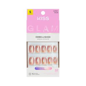 KISS GLAM, Press On Nails, Nail glue included, ‘Golden Hour Affairs’, Pink, Short Size, Squoval Shape, Includes 32 Nails, 2g Glue, 1 Manicure Stick, 1 Mini File