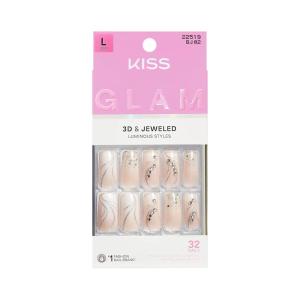KISS GLAM, Press On Nails, Nail glue included, ‘Wrapped in Beauty’, White, Long Size, Square Shape, Includes 32 Nails, 2g Glue, 1 Manicure Stick, 1 Mini File