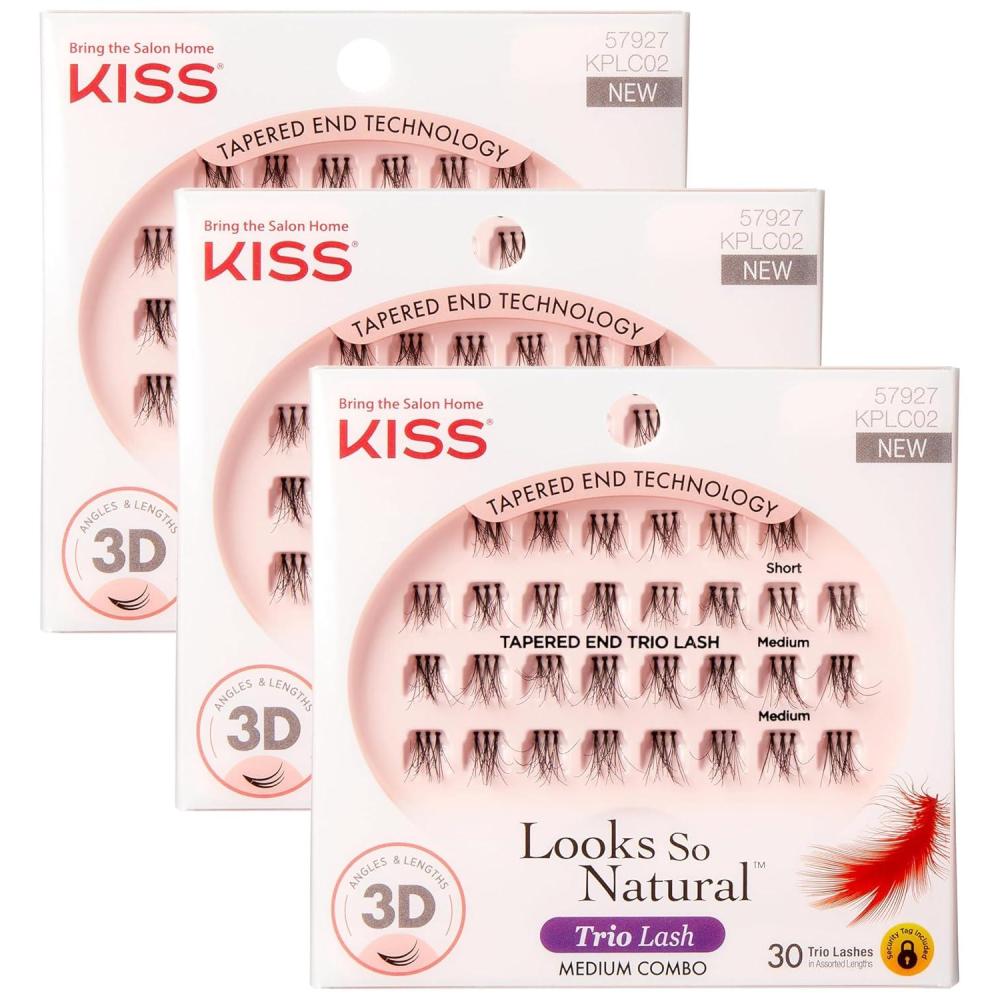 imageKISS Looks So Natural Trio Lash Medium Combo Pack False Eyelashes with Tapered End Technology 3D Lengths amp Angles Easy Grip Tray with BuiltIn Glue Pocket 30 Trio Lashes in Short amp Medium LengthsMedium