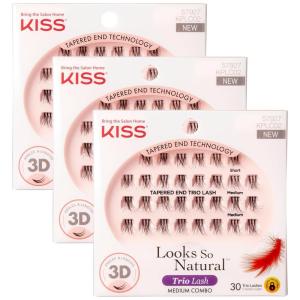 KISS Looks So Natural Trio Lash Medium Combo Pack, False Eyelashes with Tapered End Technology, 3D Lengths & Angles, Easy Grip Tray with Built-In Glue Pocket, 30 Trio Lashes in Short & Medium Lengths(Medium)