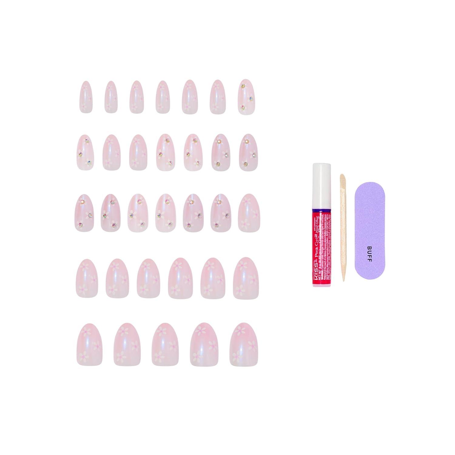 imageKISS GLAM Press On Nails Nail glue included Breeze of Bliss White Medium Size Almond Shape Includes 32 Nails 2g Glue 1 Manicure Stick 1 Mini File