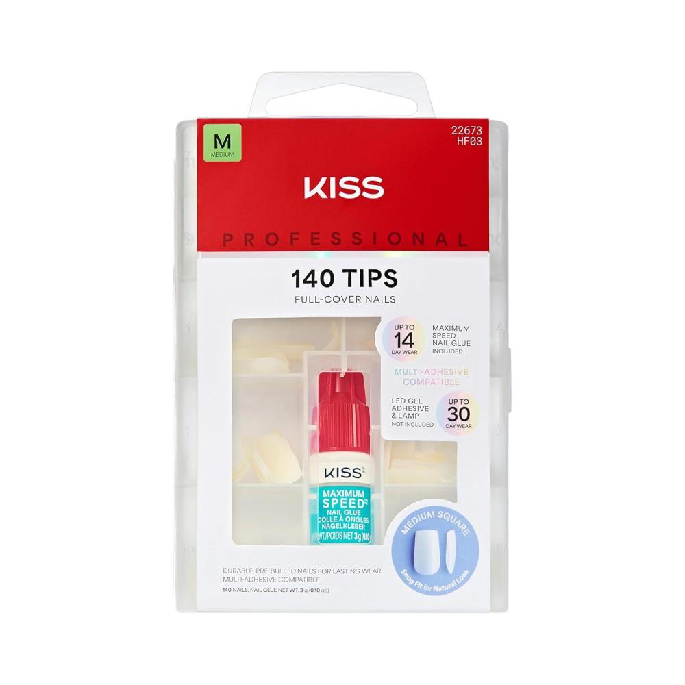 imageKISS PROFESSIONAL Press On Nails Nail glue included Absolutes White Medium Size Square Shape Includes 140 Nails 3g Glue