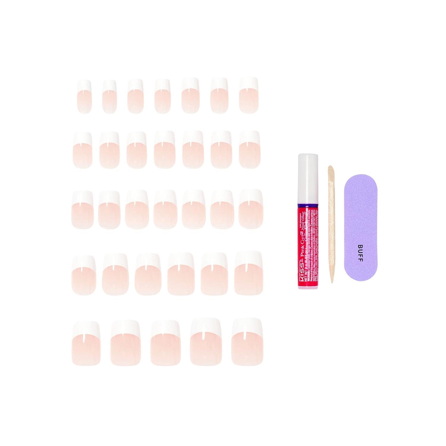 imageKISS CORE Press On Nails Nail glue included Hopeful White Medium Size Squoval Shape Includes 32 Nails 2g Glue 1 Manicure Stick 1 Mini File