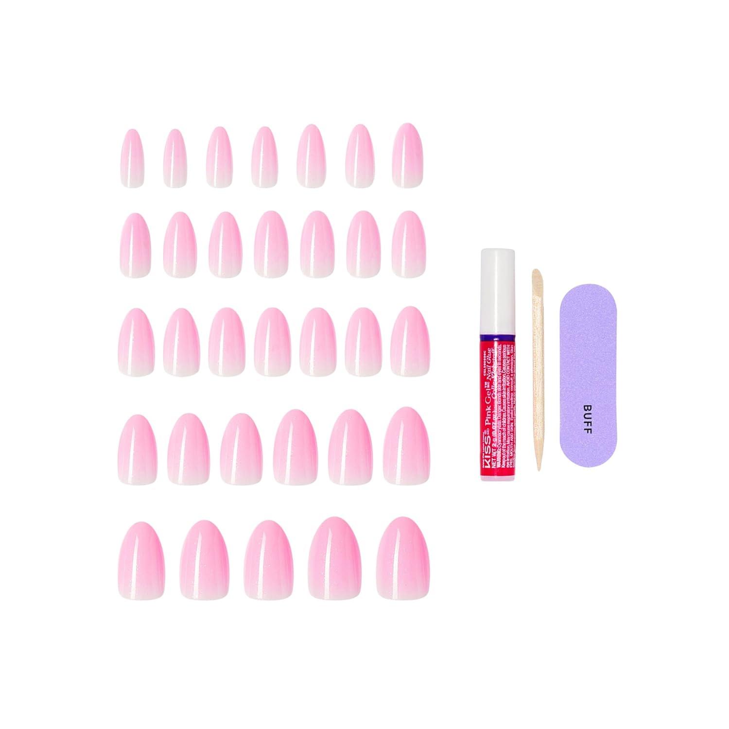 imageKISS CORE Press On Nails Nail glue included Lilt Pink Medium Size Almond Shape Includes 32 Nails 2g Glue 1 Manicure Stick 1 Mini File