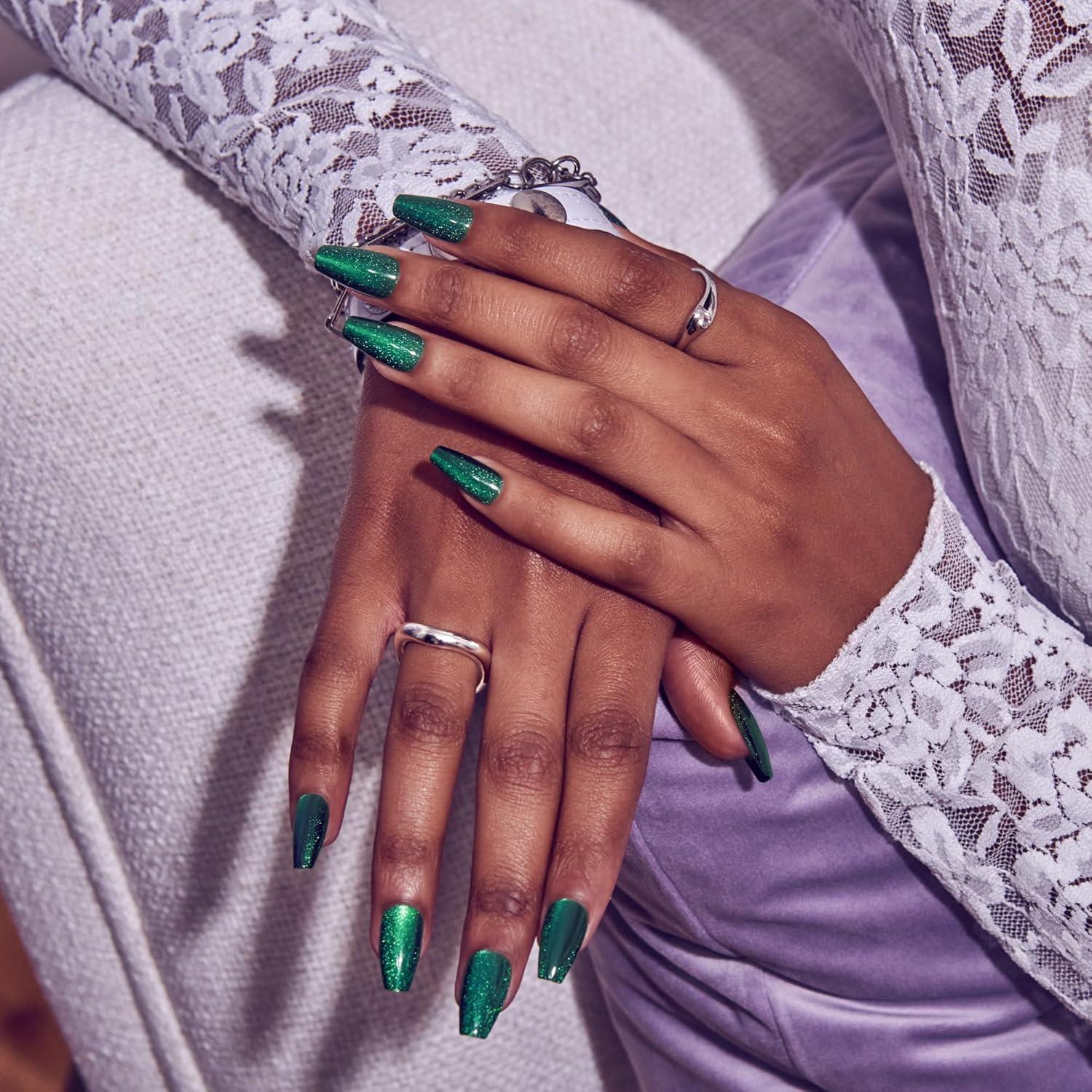 imageKISS CORE Press On Nails Nail glue included Shimmering Green Medium Size Coffin Shape Includes 32 Nails 2g Glue 1 Manicure Stick 1 Mini File