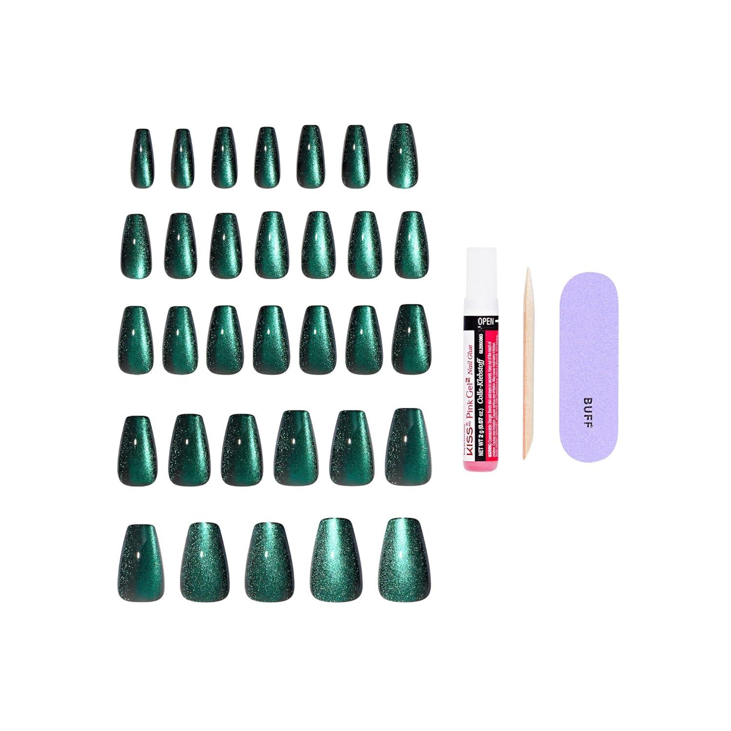 imageKISS CORE Press On Nails Nail glue included Shimmering Green Medium Size Coffin Shape Includes 32 Nails 2g Glue 1 Manicure Stick 1 Mini File