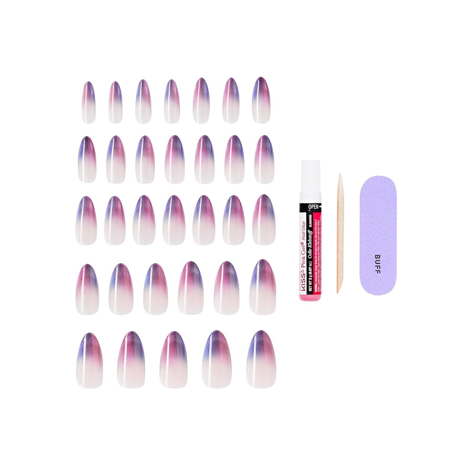 imageKISS CORE Press On Nails Nail glue included Twinkling Stars Purple Long Size Almond Shape Includes 32 Nails 2g Glue 1 Manicure Stick 1 Mini File