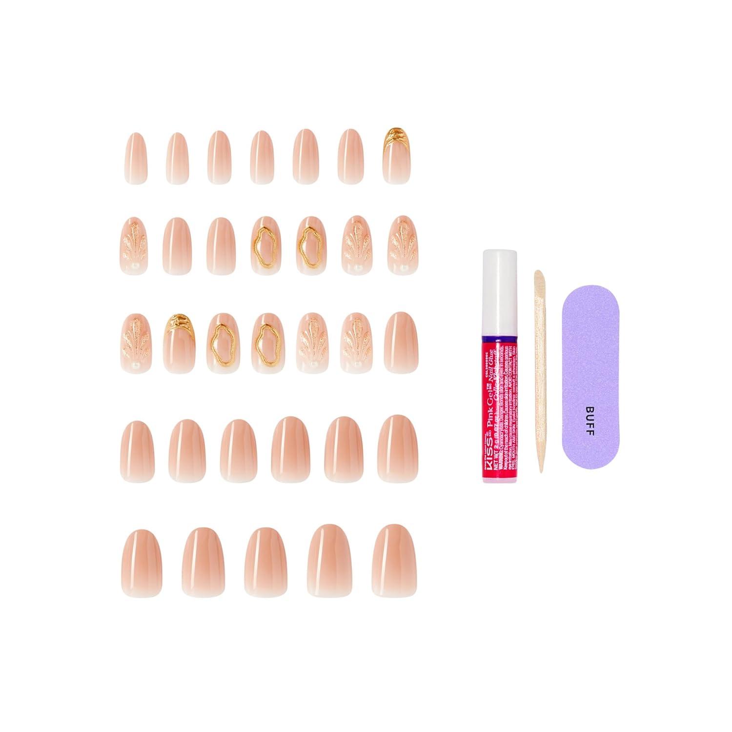 imageKISS GLAM Press On Nails Nail glue included Blossoming Love Beige Medium Size Round Shape Includes 32 Nails 2g Glue 1 Manicure Stick 1 Mini File