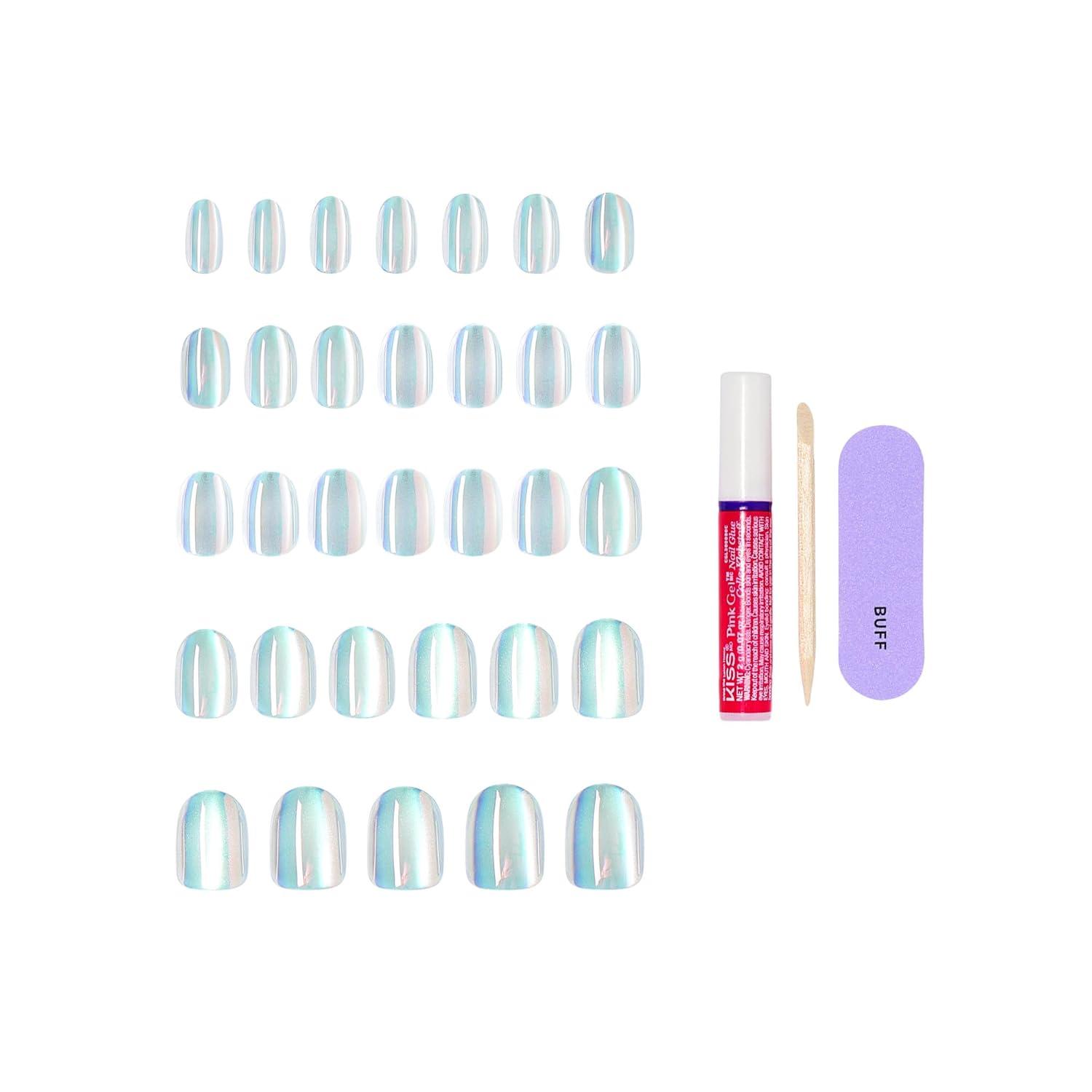 imageKISS GLAM Press On Nails Nail glue included Celestique Blue Short Size Round Shape Includes 32 Nails 2g Glue 1 Manicure Stick 1 Mini File