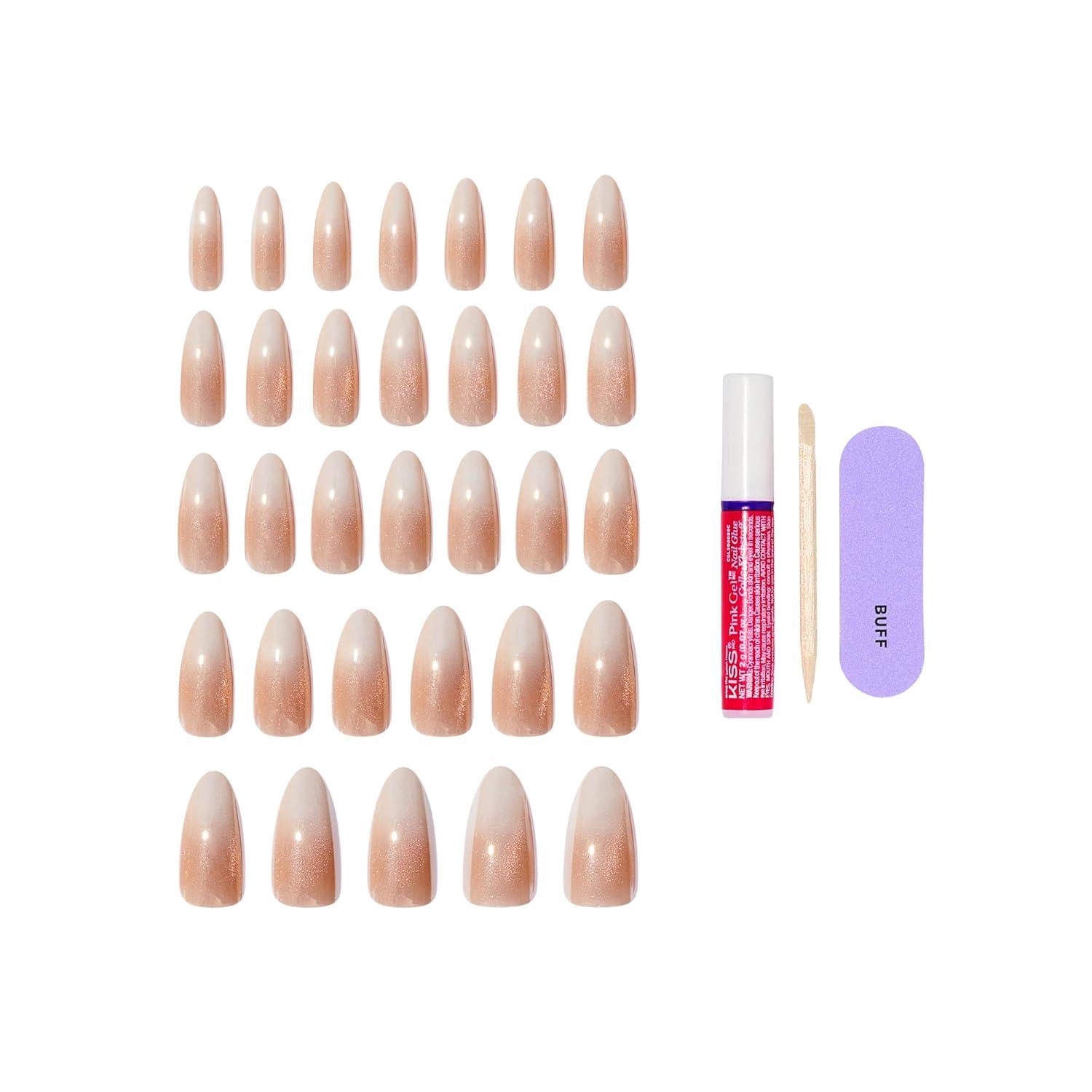 imageKISS GLAM Press On Nails Nail glue included Day n Night Beige Long Size Almond Shape Includes 32 Nails 2g Glue 1 Manicure Stick 1 Mini File