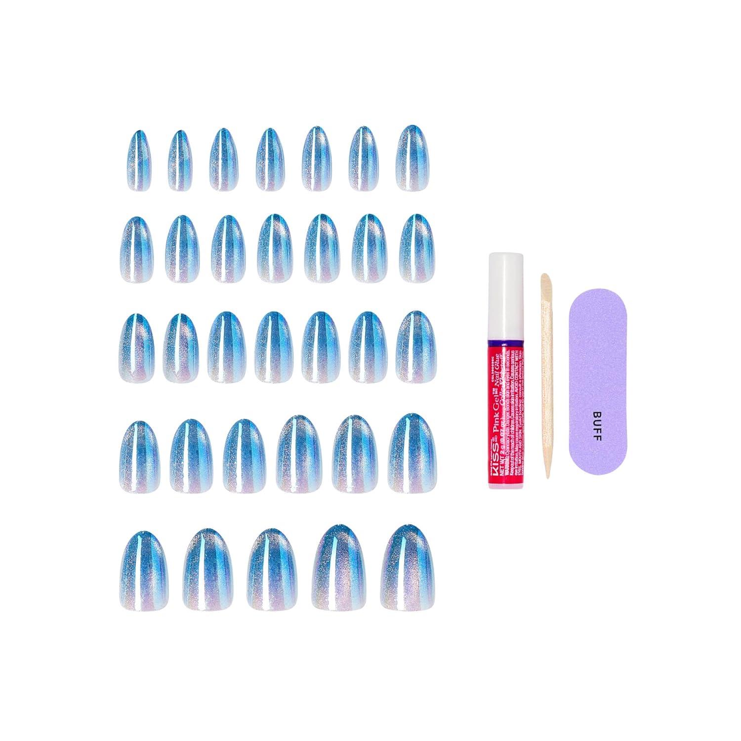 imageKISS GLAM Press On Nails Nail glue included Glow Forever Blue Medium Size Almond Shape Includes 32 Nails 2g Glue 1 Manicure Stick 1 Mini File