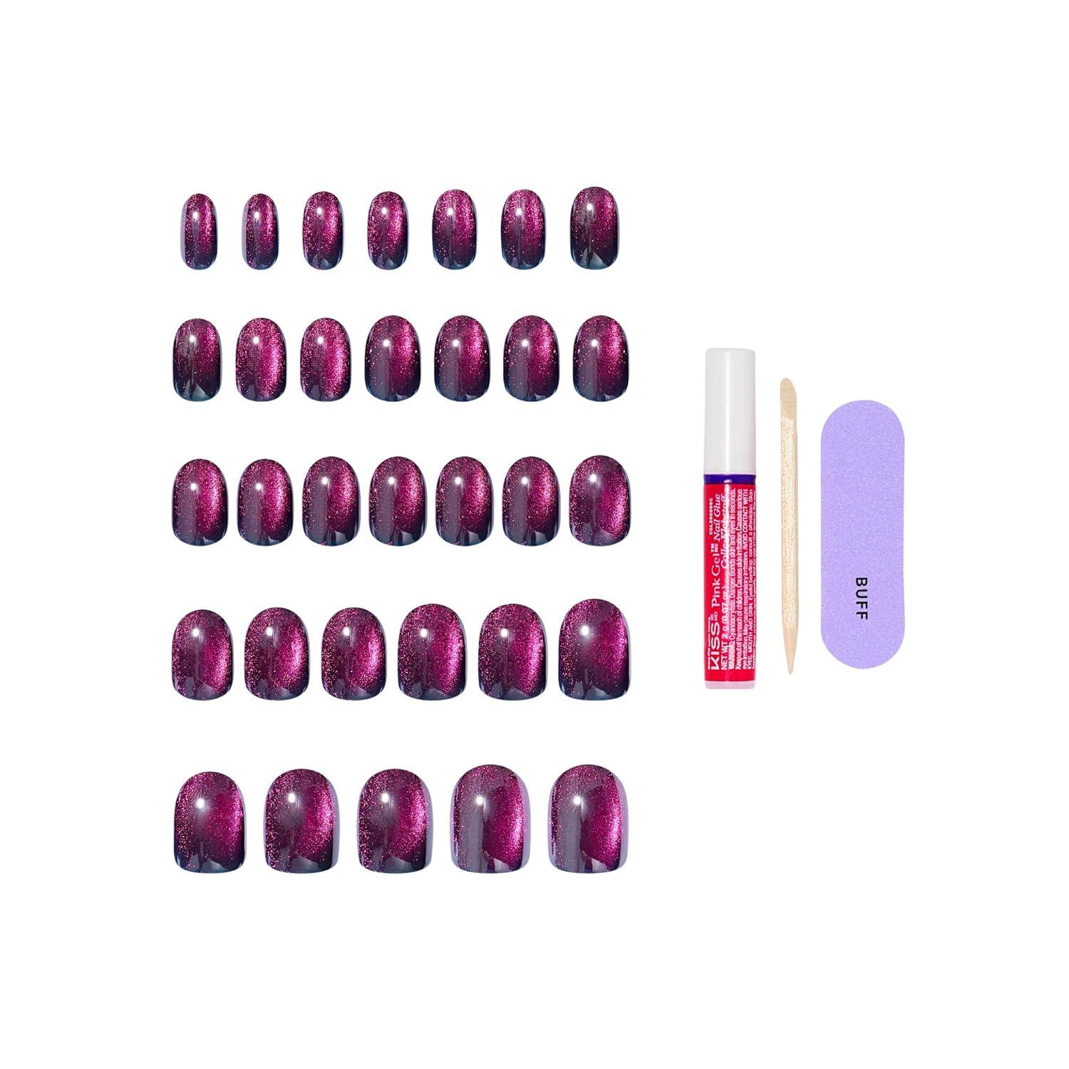 imageKISS GLAM Press On Nails Nail glue included Simple Joys Purple Short Size Round Shape Includes 32 Nails 2g Glue 1 Manicure Stick 1 Mini File