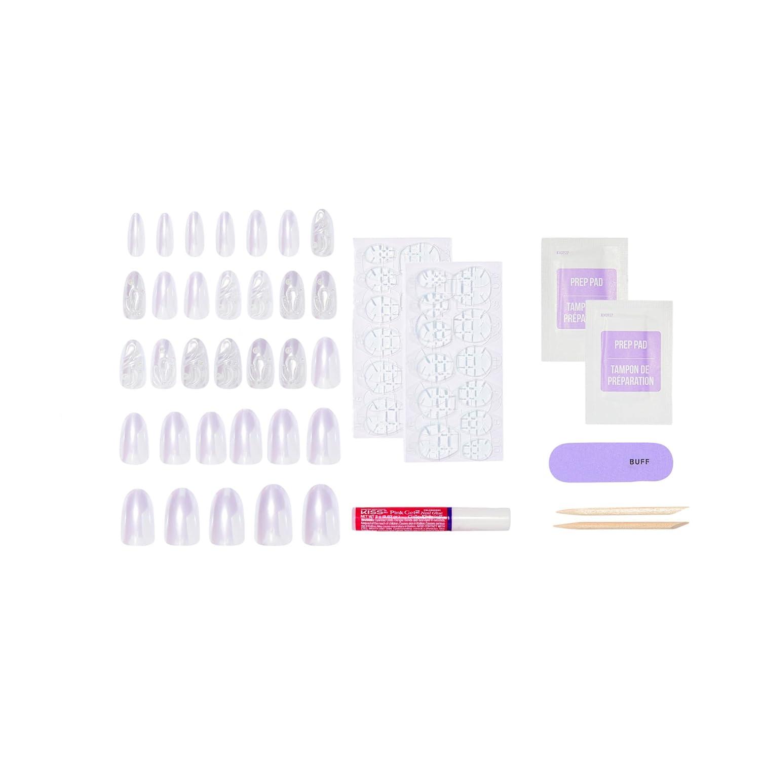 imageKISS ICON Press On Nails Nail glue included Remarkable Pink Medium Size Almond Shape Includes 32 Nails 2g Glue 2 Manicure Stick 1 Mini File 2 Prep Pads 48 Adhesive tabs