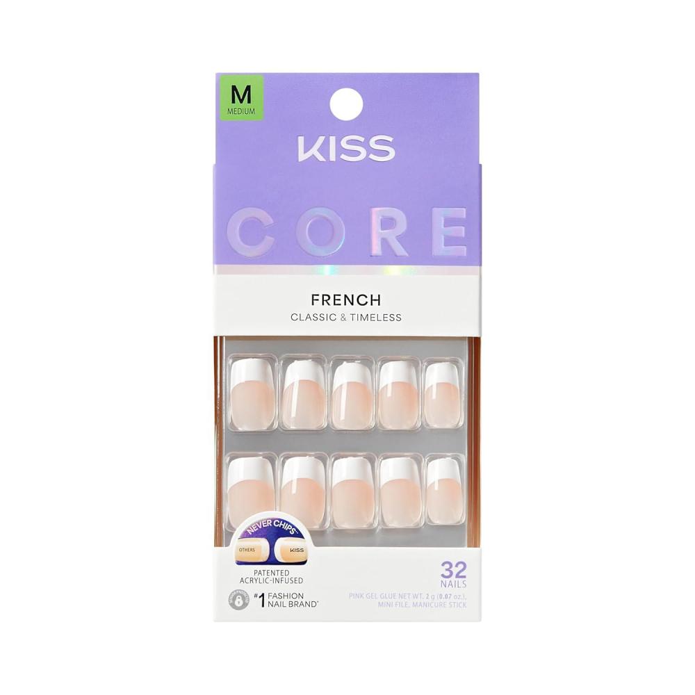 imageKISS CORE Press On Nails Nail glue included Hopeful White Medium Size Squoval Shape Includes 32 Nails 2g Glue 1 Manicure Stick 1 Mini File