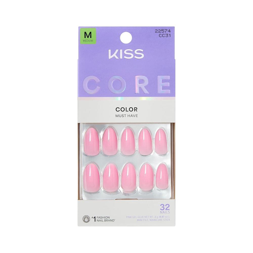 imageKISS CORE Press On Nails Nail glue included Lilt Pink Medium Size Almond Shape Includes 32 Nails 2g Glue 1 Manicure Stick 1 Mini File
