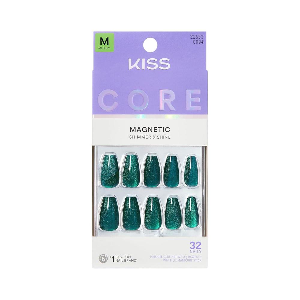 imageKISS CORE Press On Nails Nail glue included Shimmering Green Medium Size Coffin Shape Includes 32 Nails 2g Glue 1 Manicure Stick 1 Mini File