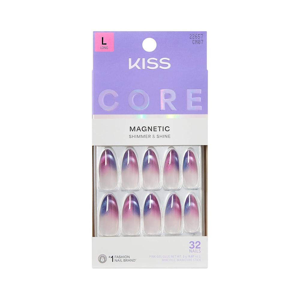 imageKISS CORE Press On Nails Nail glue included Twinkling Stars Purple Long Size Almond Shape Includes 32 Nails 2g Glue 1 Manicure Stick 1 Mini File
