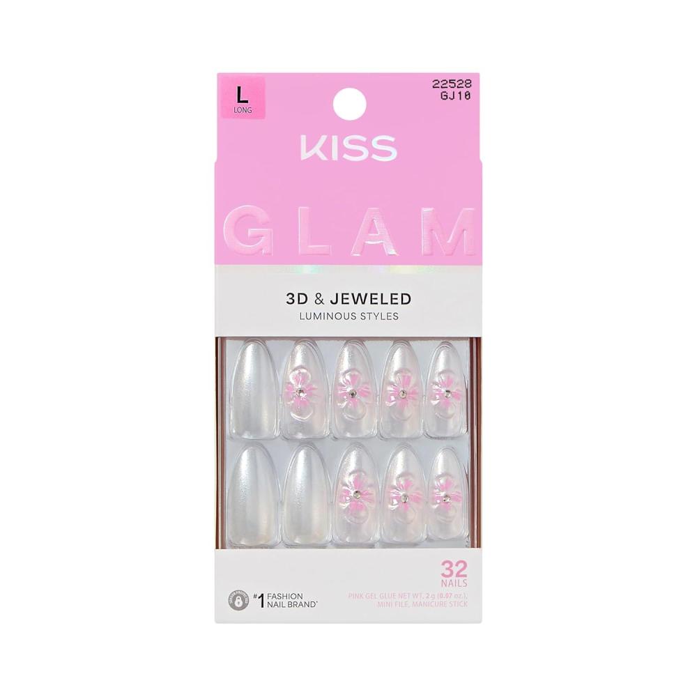 imageKISS GLAM Press On Nails Nail glue included Captured White Medium Size Almond Shape Includes 32 Nails 2g Glue 1 Manicure Stick 1 Mini File