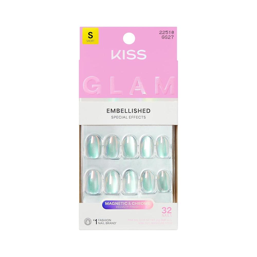 imageKISS GLAM Press On Nails Nail glue included Celestique Blue Short Size Round Shape Includes 32 Nails 2g Glue 1 Manicure Stick 1 Mini File