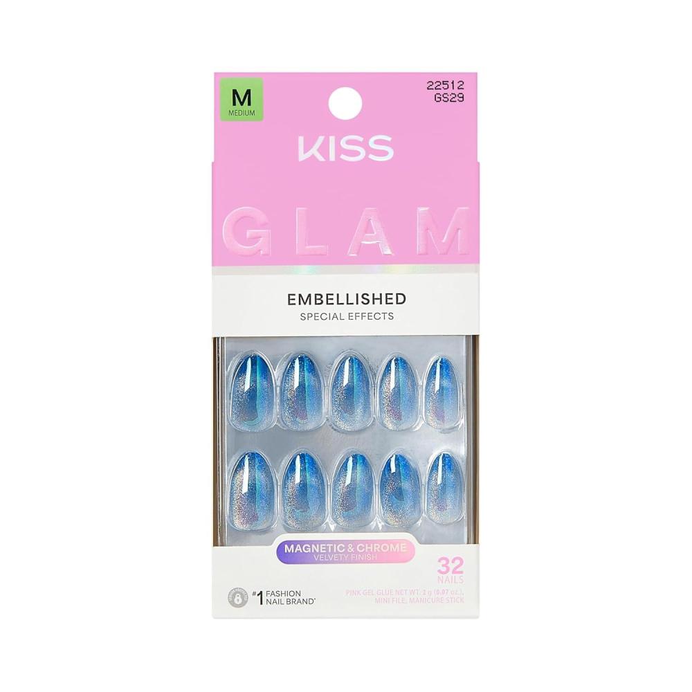 imageKISS GLAM Press On Nails Nail glue included Glow Forever Blue Medium Size Almond Shape Includes 32 Nails 2g Glue 1 Manicure Stick 1 Mini File
