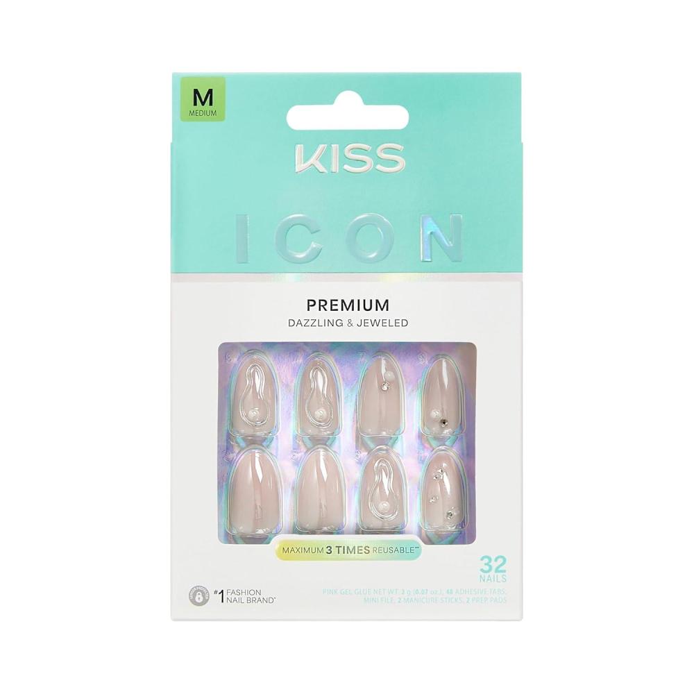 imageKISS ICON Press On Nails Nail glue included Terrific White Medium Size Almond Shape Includes 32 Nails 2g Glue 2 Manicure Stick 1 Mini File 2 Prep Pads 48 Adhesive tabs