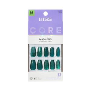 KISS CORE, Press On Nails, Nail glue included, ‘Shimmering’, Green, Medium Size, Coffin Shape, Includes 32 Nails, 2g Glue, 1 Manicure Stick, 1 Mini File