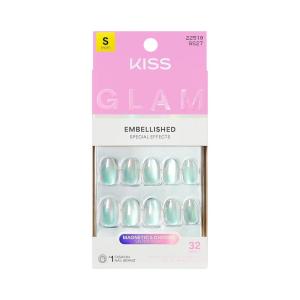 KISS GLAM, Press On Nails, Nail glue included, ‘Celestique’, Blue, Short Size, Round Shape, Includes 32 Nails, 2g Glue, 1 Manicure Stick, 1 Mini File